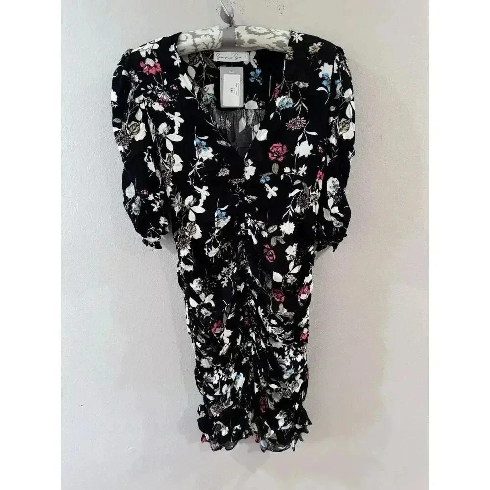 Summer Sun Sheath Black Floral Ruched VNeck Dress Large NWT Vacation Resort Wear